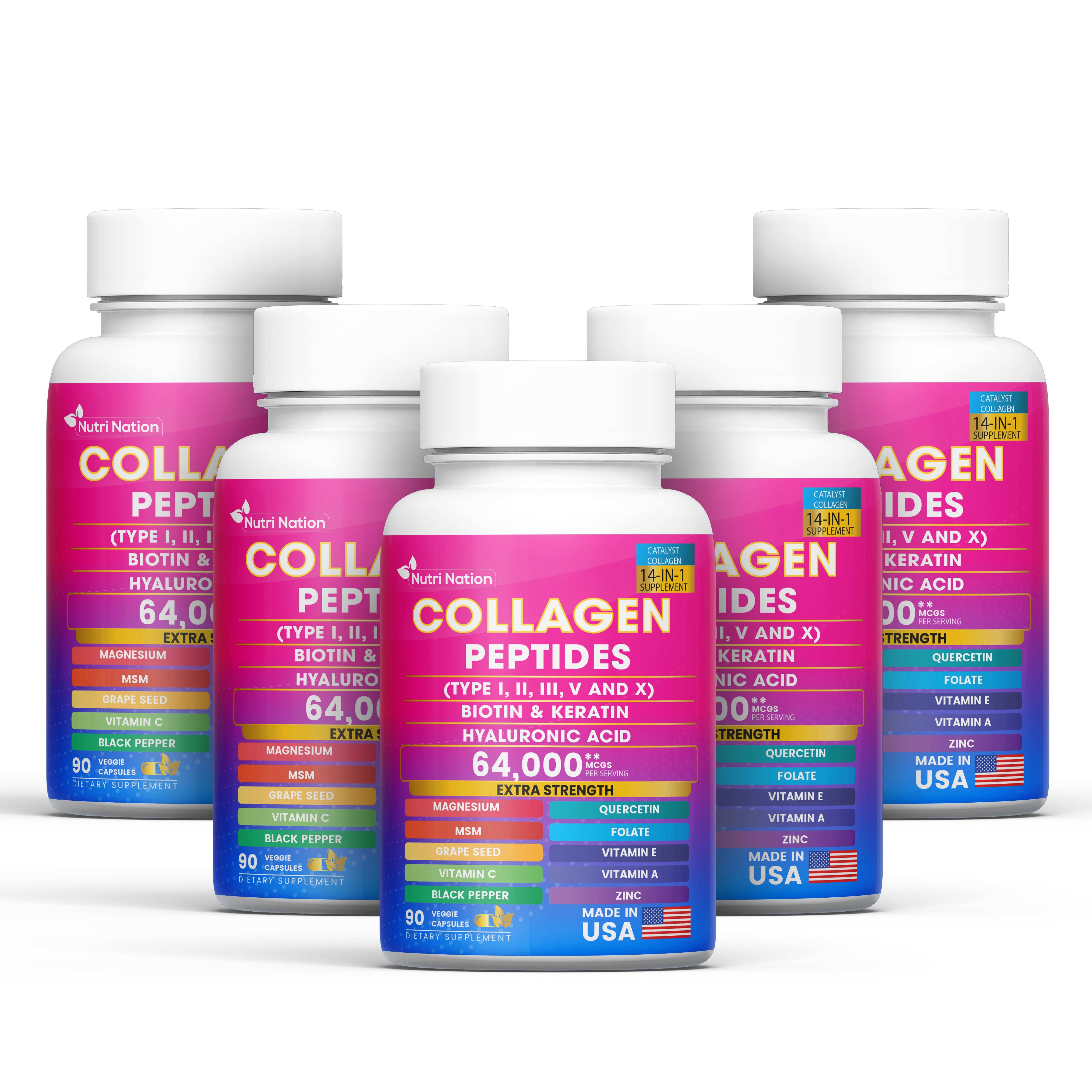 Nutri Nation – Großhandel Nahrungsergänzungsmittel/Vitamin zum Einnehmen – Kollagen-Peptid-Kapseln, Typ I, II, III, V & X Biotin Keratin Hyaluronsäure MSM Vitamin C, E & A, Folsäure Zink Magnesium mit Traubenkernextrakt, Quercetin (90 Kapseln)8