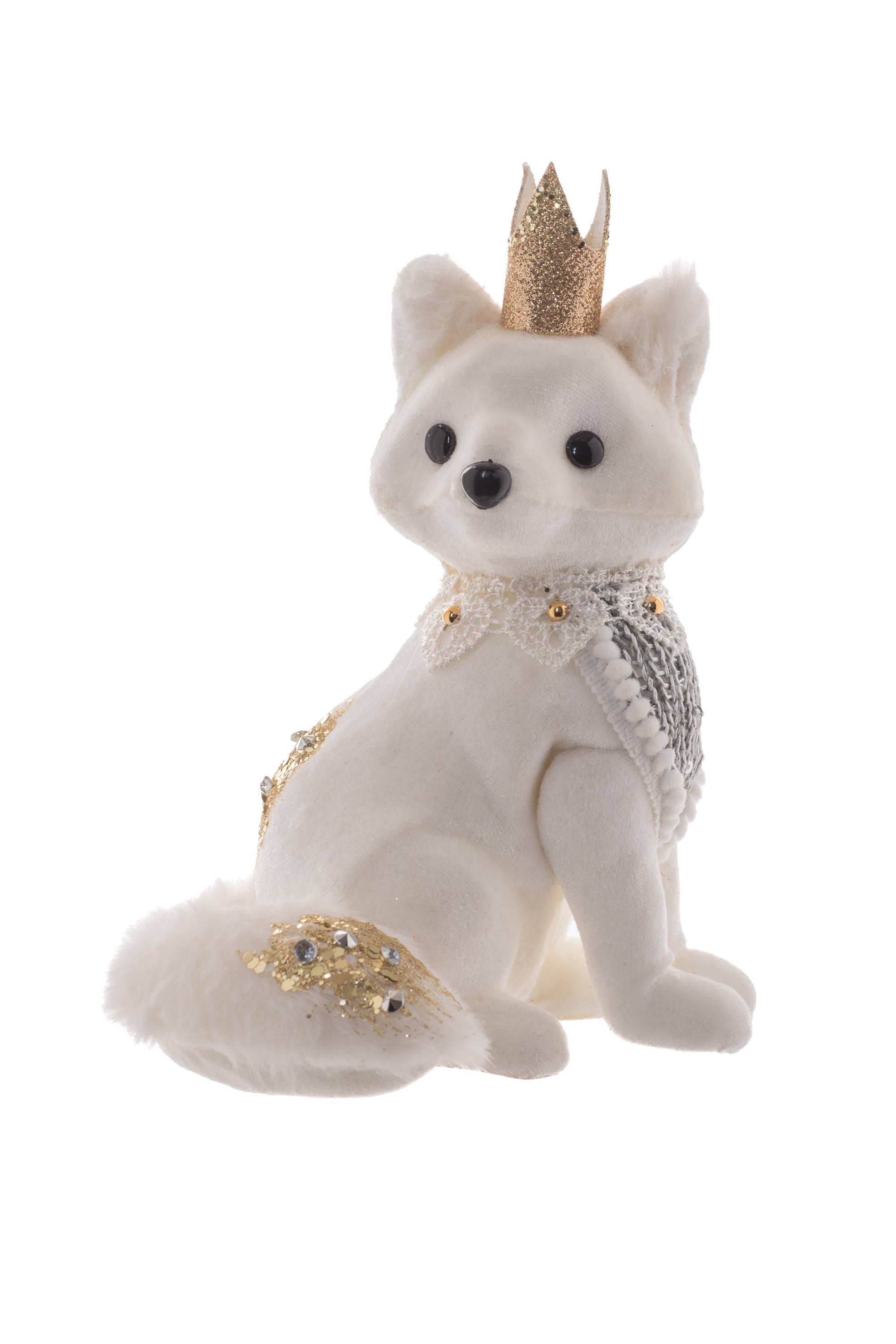 Starlight Collection – wholesale Christmas decoration – White/Gold Fox Figurine with Crown0