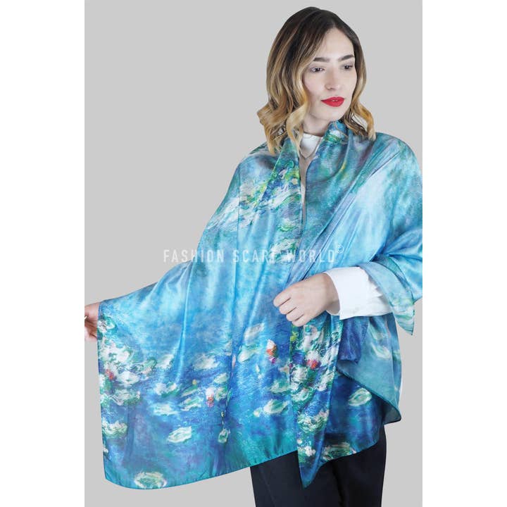 Blue Claude Monet Water Lily Print Scarf for wholesale on Faire
