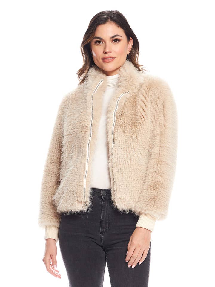 Champagne Fox Faux Fur Parkside Bomber Jacket for wholesale on Faire
