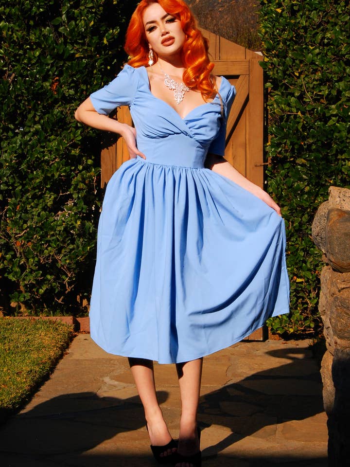 Paige Swing Dress in Chambray Poly Crepe | Pinup Couture for wholesale by Pinup Couture