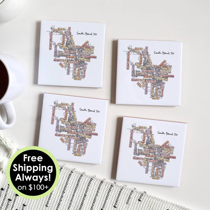 South Bend Indiana coasters, city street map coaster set for wholesale by Sparks House Co.