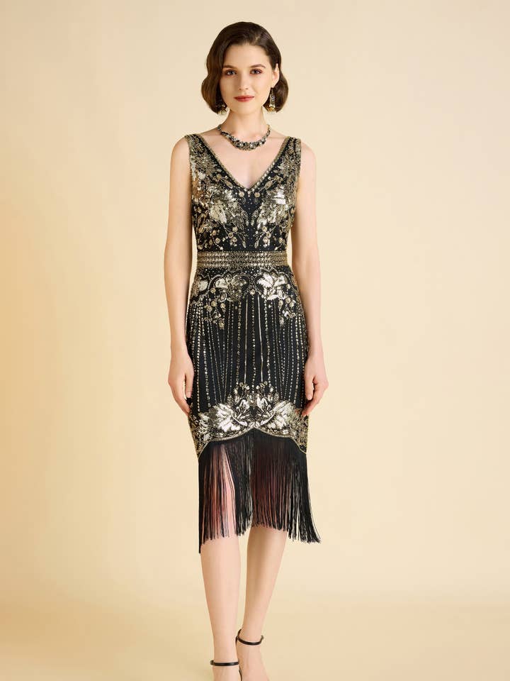 Vestido de Flecos con Abalorios Florales Opulentos estilo Flapper para venta al por mayor de BABEYOND