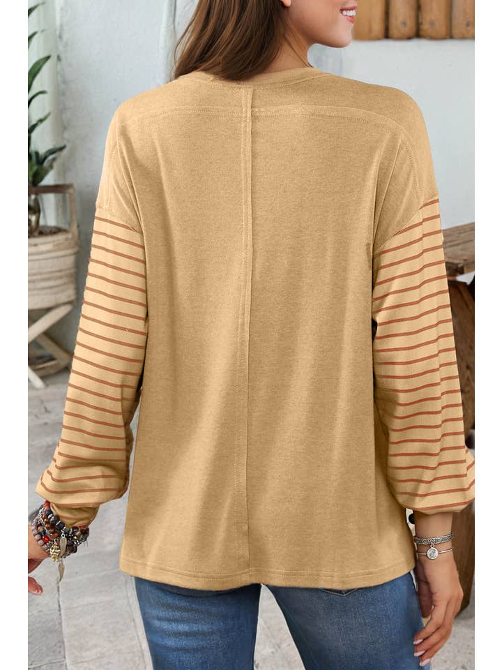 1 the Woman - Wholesale Blouse - Women's - Colorblock Striped Bishop Sleeve Top - 4 Colors1