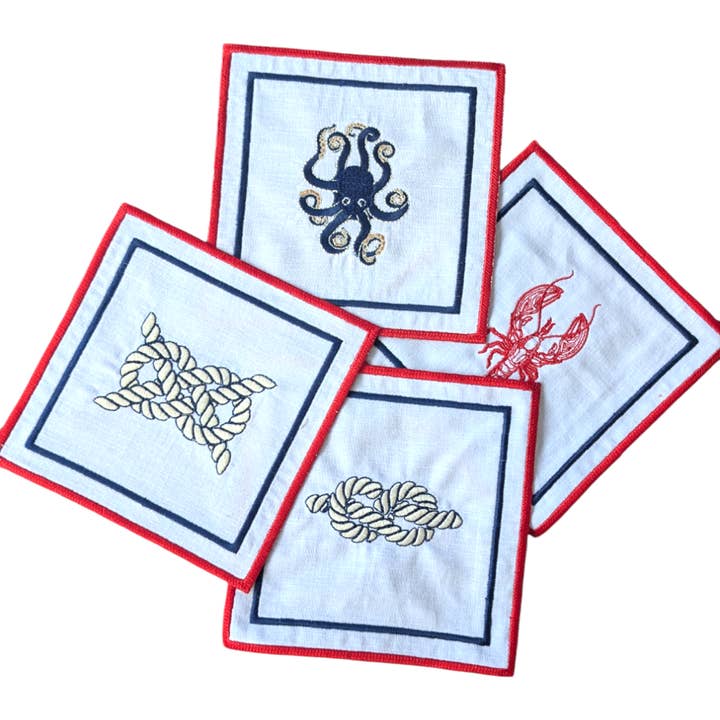 ARIANDI - Wholesale Dinner & Cloth Napkin - Set of 4 Nautical Icons Embroidered Cocktail Napkins0