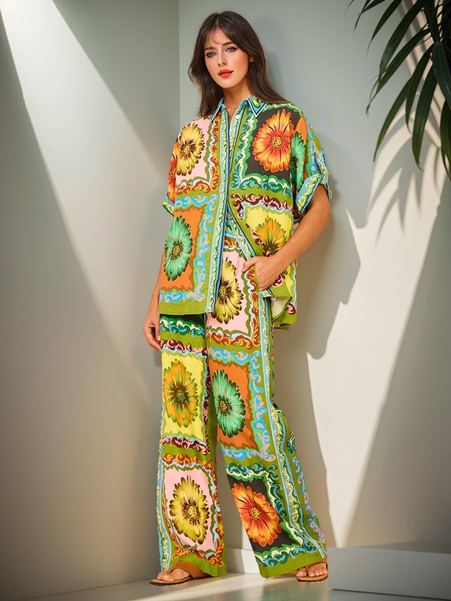 MULTI Floral Print Top and Pants Set for wholesale on Faire2