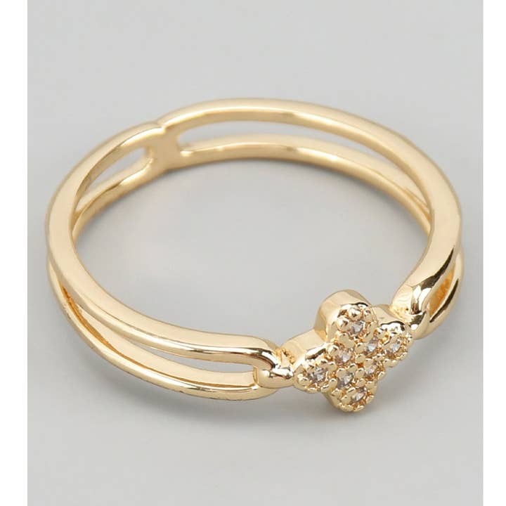 SPLIT BRASS RING WITH DAINTY CZ PAVE CLOVER for wholesale by Girly
