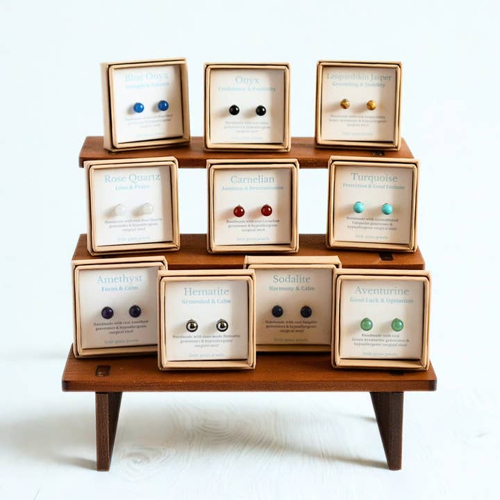 6mm Gemstone Stud Earring Starter Set, Hypoallergenic Surgical Steel Studs with Display Stand for wholesale by Little Gems Jewels