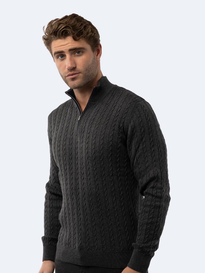 Pull à col zippé quart en maille gris foncé Melange pour la vente par Luchiano Visconti