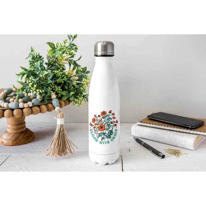 GARRAFA DE ÁGUA BLOOM WITH GRACE DE 17 onças - AÇO INOXIDÁVEL por atacado de From Us To You Co. Handmade Goods