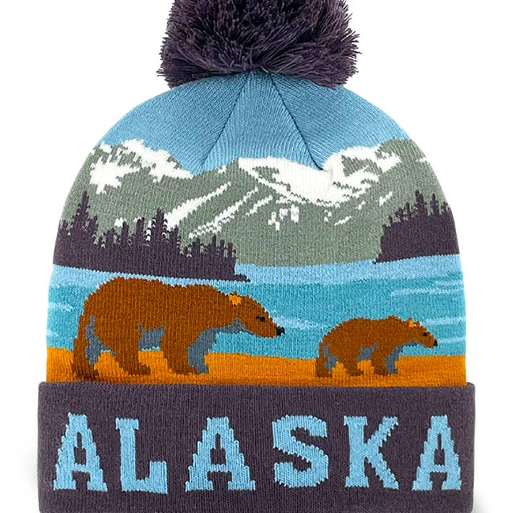 Alaska Bear Family Knit Pom Pom Beanie Hat for Outdoor Travelers for wholesale by Northern Icons Creations INC