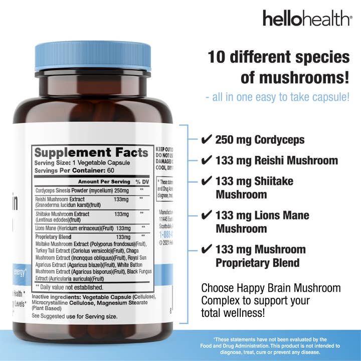 Hello Health - Wholesale Oral Supplement/Vitamin - Happy Brain 10 Mushroom Complex