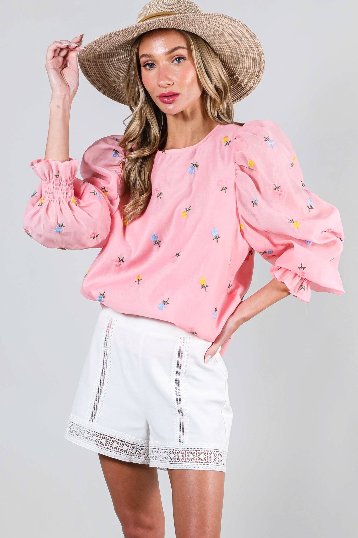 Vine & Love - Wholesale Blouse - Women's - Embroidered Long Puff Organza Blouse Top VT60375A19