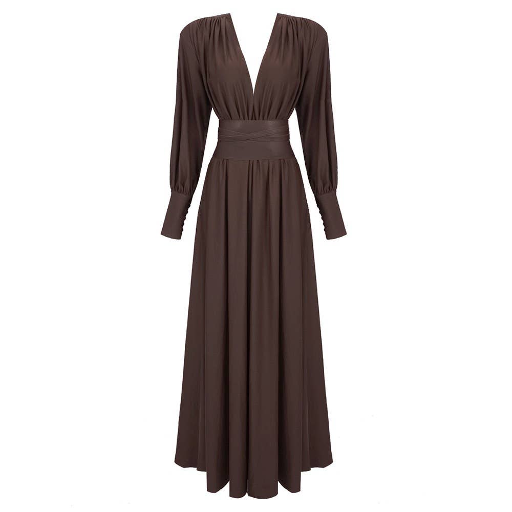 DR316 Elegant Chocolate Gathered Waist Maxi Dress for wholesale on Faire2