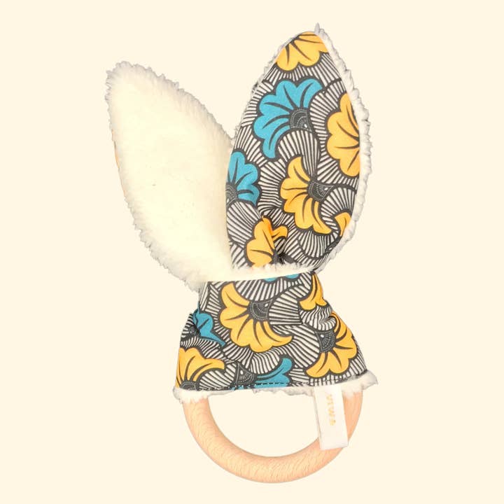 AYANA green and yellow organic print teething rattle for wholesale by Viwa