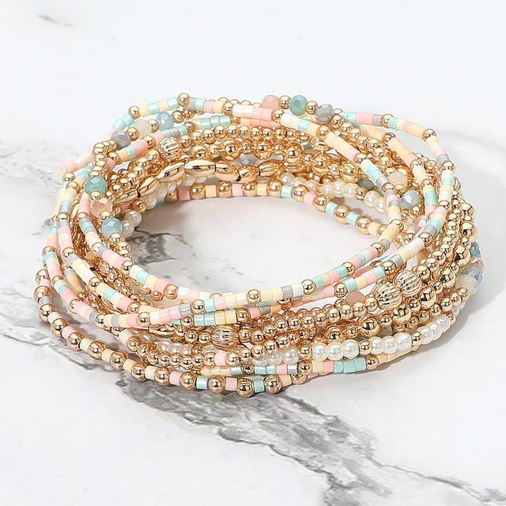 Sensibling Corp. - Wholesale Jewelry Set - 12PCS - Pearl Metal Ball Seed Faceted Beaded Stretch Multi Layered Bracelets12