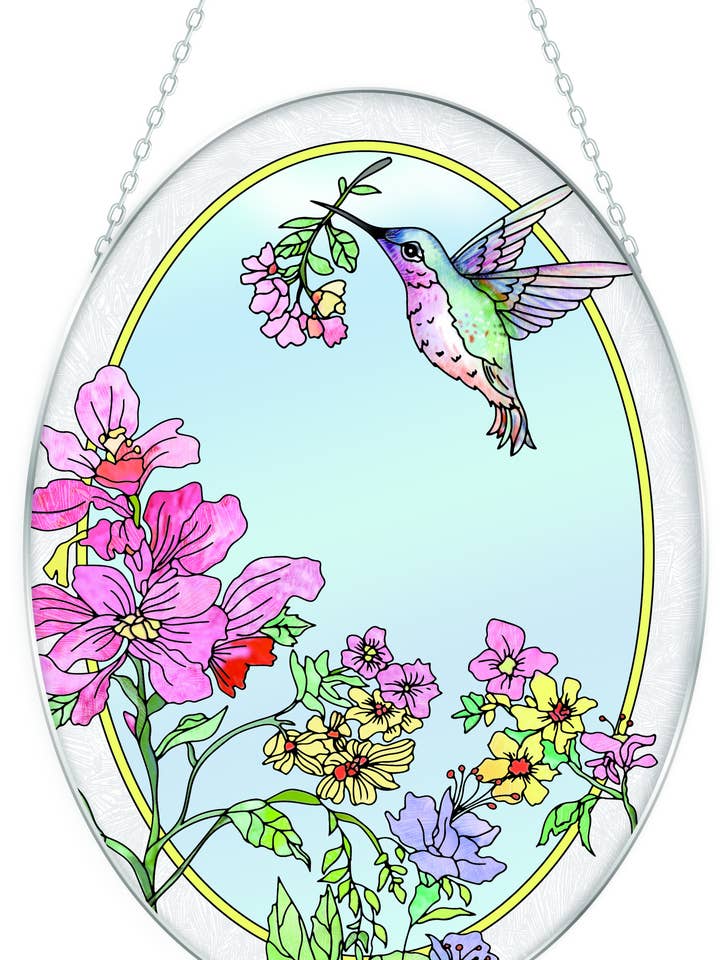 Hummingbird Touch - 9" x 6.5" Large Glass Oval Suncatcher for wholesale by Bridgeton Hall