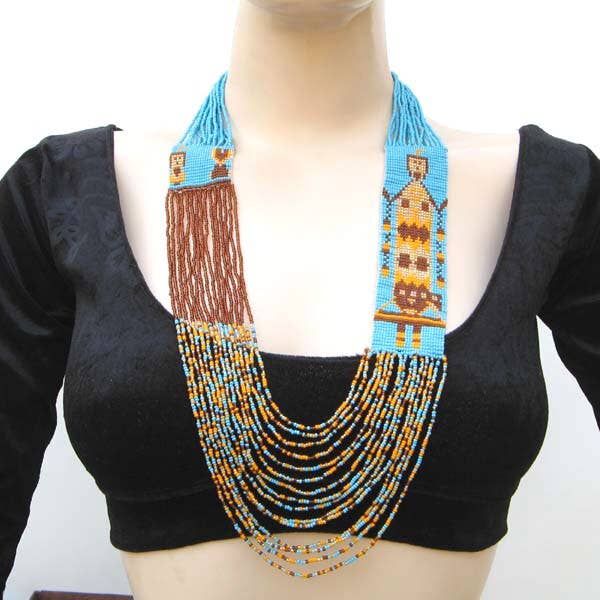 Blue Brown Seed Beaded Layered Necklace Yei Dancer Beadwork for wholesale by BEADS CORNER