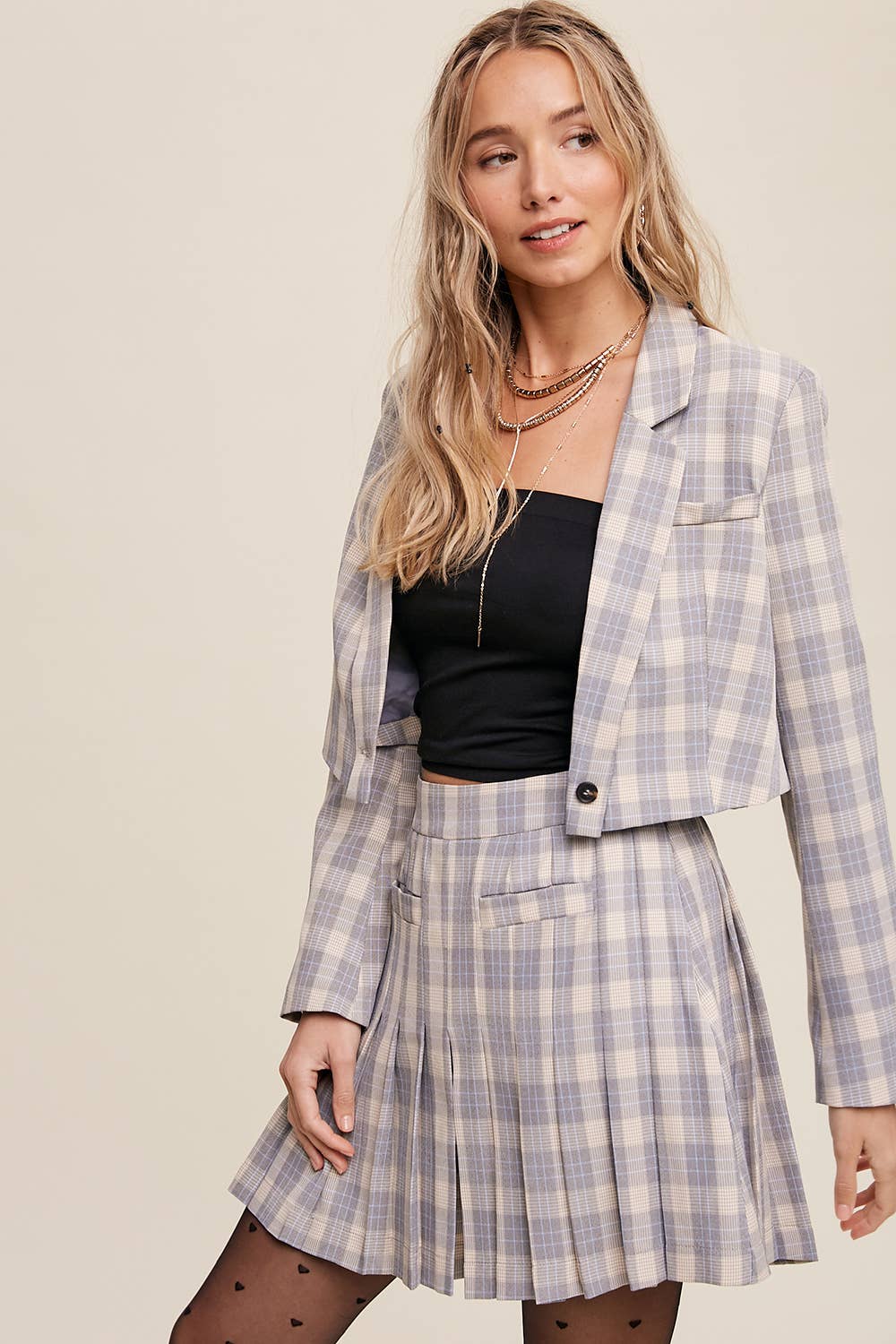 Listicle - Wholesale Top & Short Set (NOT Loungewear) - Women's - Plaid Cropped Blazer & Pleated Skort Set LSET1256