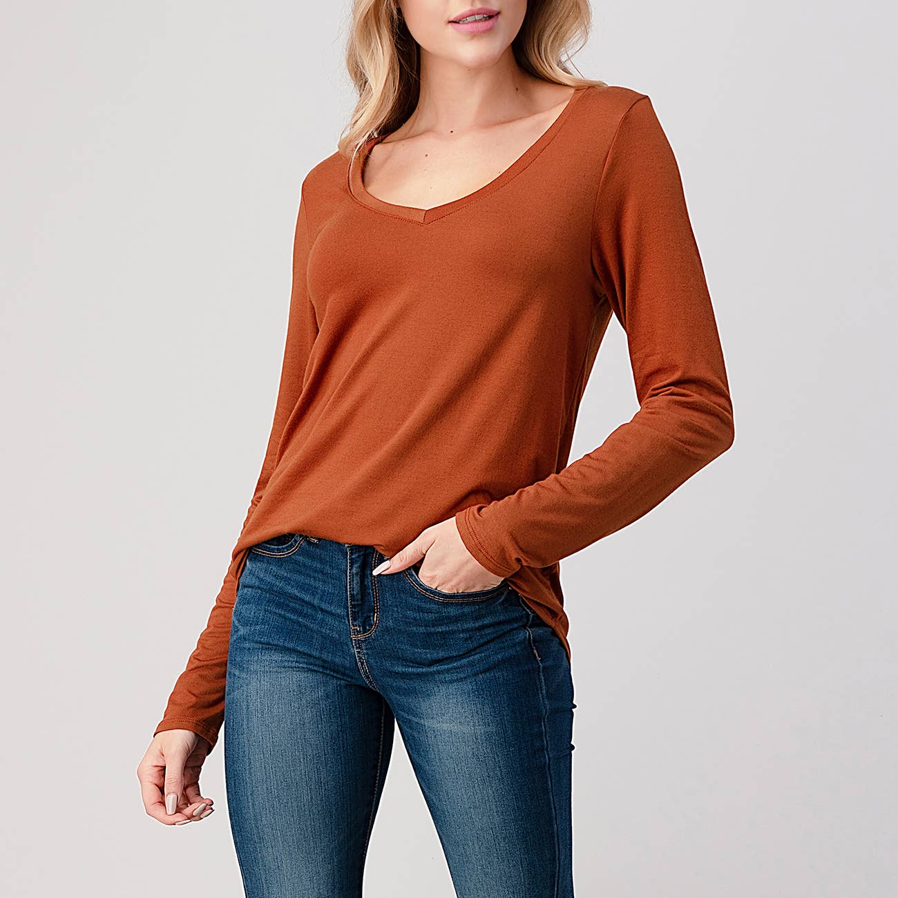 Heimious - Wholesale T-Shirt - Women's - Modal Long Sleeve V-neck Relaxed Fit T-shirt, T24927