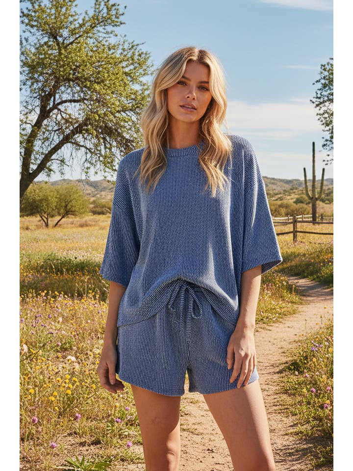 Sewn and Seen - Wholesale Lounge Set - Women's - RIBBED ROUND NECK TOP AND SHORTS SET78