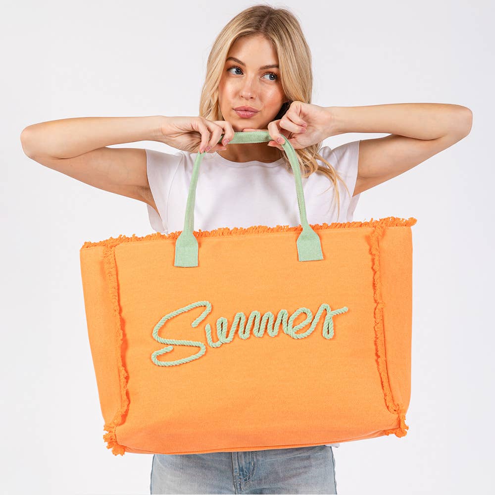 Sensibling Corp. - Venta al por mayor Bolsa de asa- Mujer - Bolso de playa de lona con flecos y mensaje bordado SUMMER15