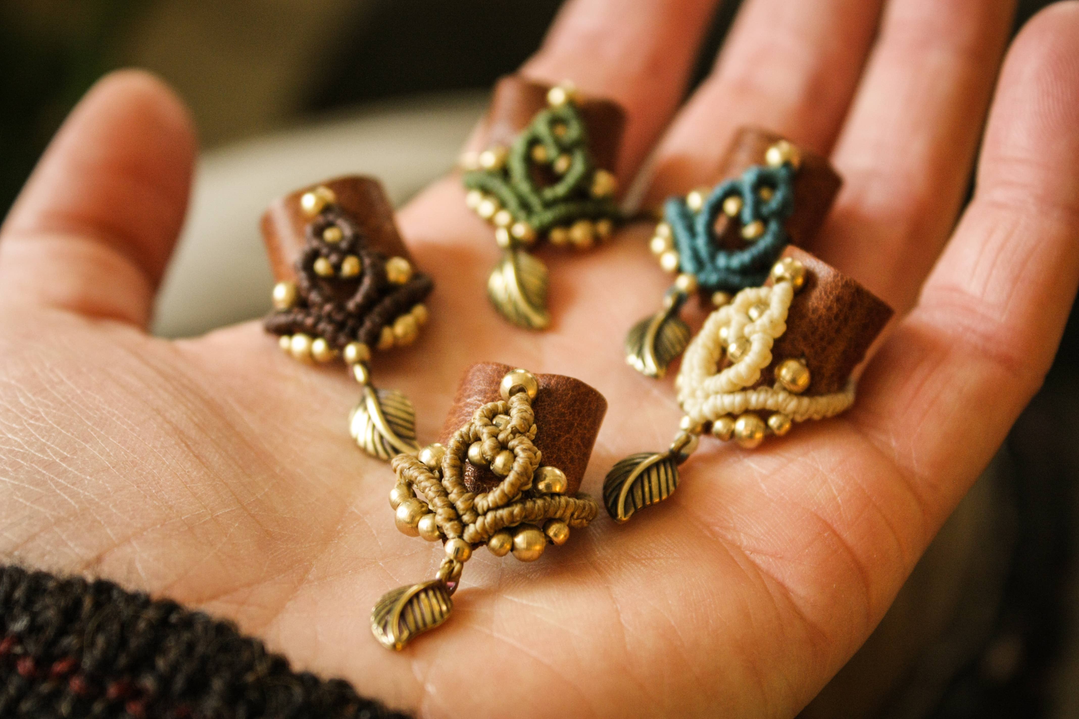 Nomadu - Wholesale Hair Tie - Leather and macrame dreadlock bead with brass details3