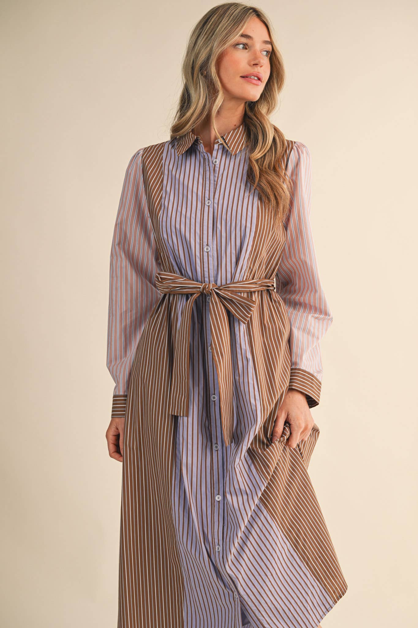 COCOA BLUE MULTI MIXED STRIPE BELTED BUTTON DOWN MIDI DRESS MDR4303 for wholesale on Faire2