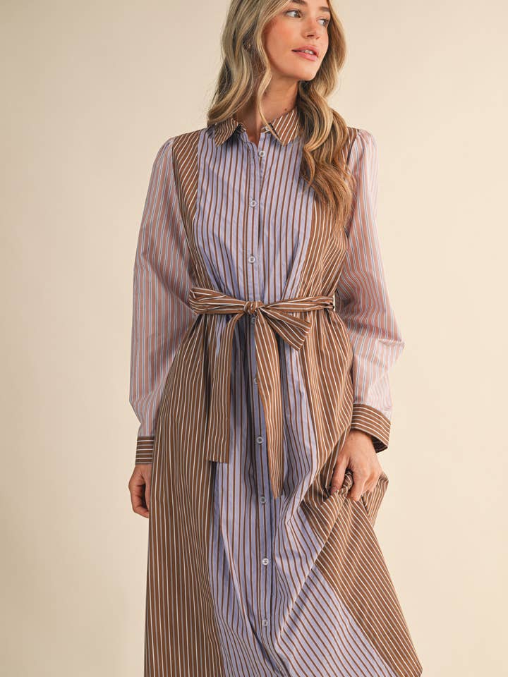 COCOA BLUE MULTI MIXED STRIPE BELTED BUTTON DOWN MIDI DRESS MDR4303 for wholesale on Faire2