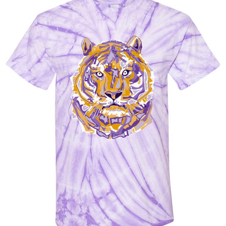 Layered Purple and Gold Tiger Mascot Tie Dye Graphic Tee for wholesale by Pink House On River Road
