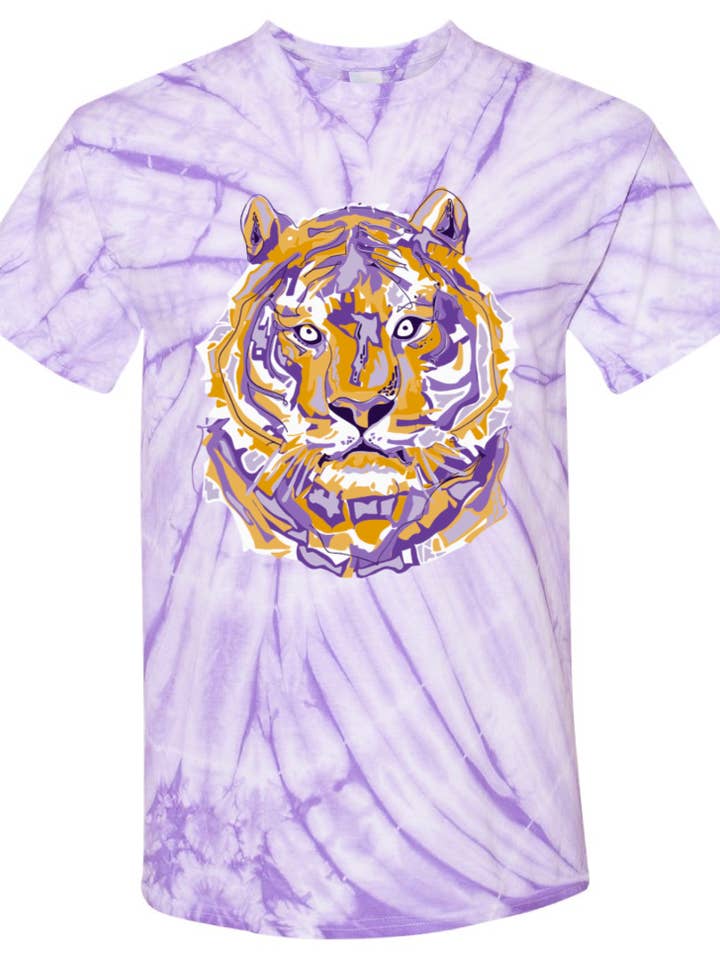 Pink House On River Road - Wholesale Screen Printed T-Shirt - Women's - Layered Purple and Gold Tiger Mascot Tie Dye Graphic Tee