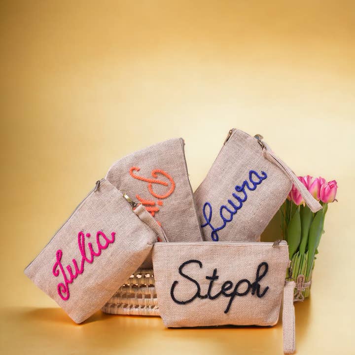 Personalized Jute Makeup Bag | Bridesmaid Cosmetic Bag and other Purchase Wholesale bachelorette stuff. Free Returns & Net 60 Terms on Faire trending on Faire.