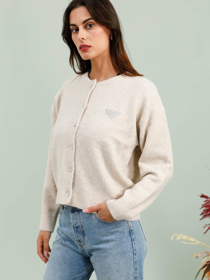 MOOYA - Wholesale Cardigan - Women's - Plain knit cardigan with rhinestone detail - SCF015