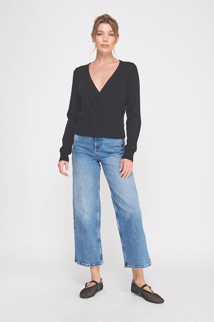 Allie Rose - Vente Pull en maille – femme - Pull cache-cœur à fines mailles pointelle avec bordure festonnée.3