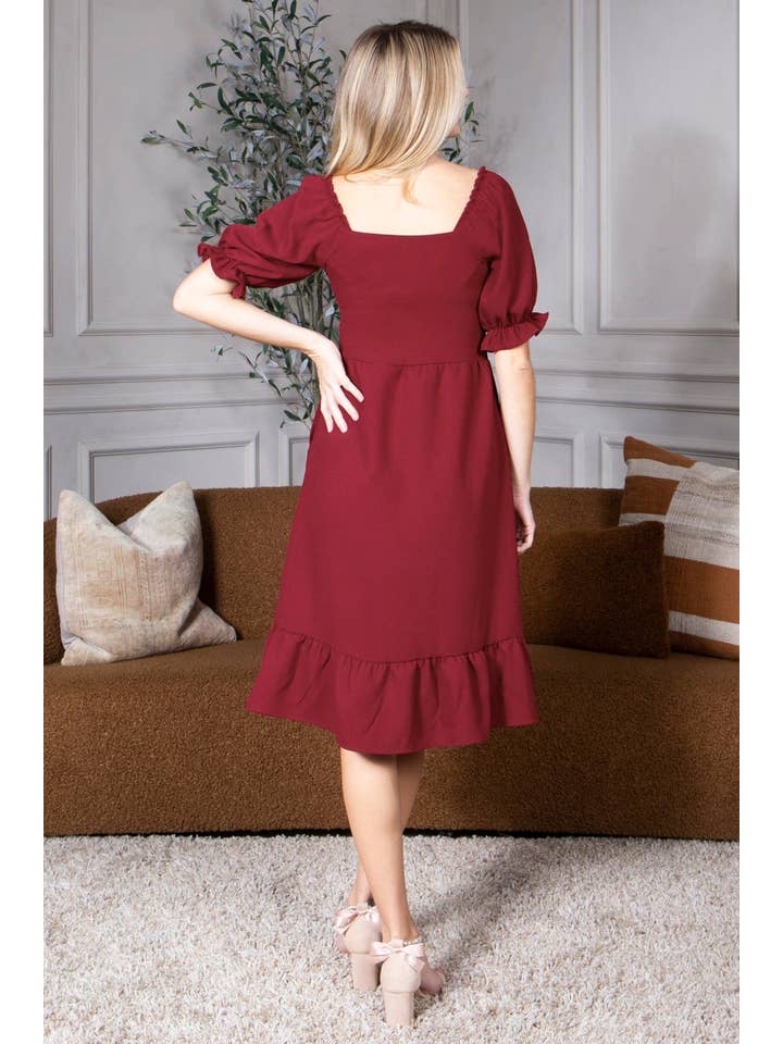 Mini Momo - Wholesale Dress – Women's - Smocked Dress Short Puff Sleeve Ruffle Smocking Crepe Midi3