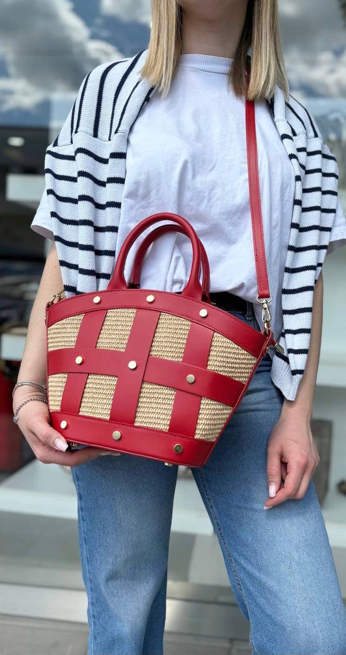 JIJOU CAPRI - Wholesale Crossbody Bag - Women's - Cecile Leather & Raffia Studded Crossbody Bag JIJOU CAPRI2