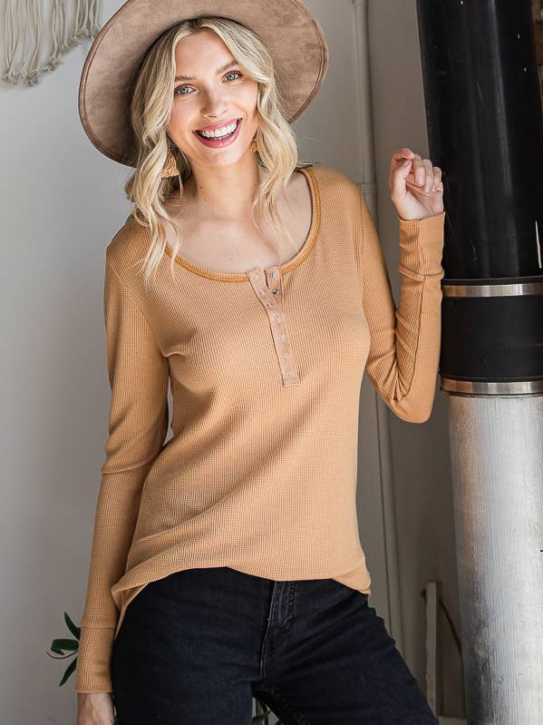 Thermal Knit Scoop Neck Snap Button Long Sleeve Top T4275 for wholesale by 7th Ray