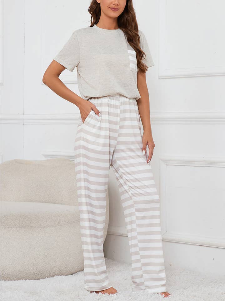 Wholesalesir - Wholesale Lounge set – Women's - Short Sleeved Top With Striped Printed Drawstring Pants Set2