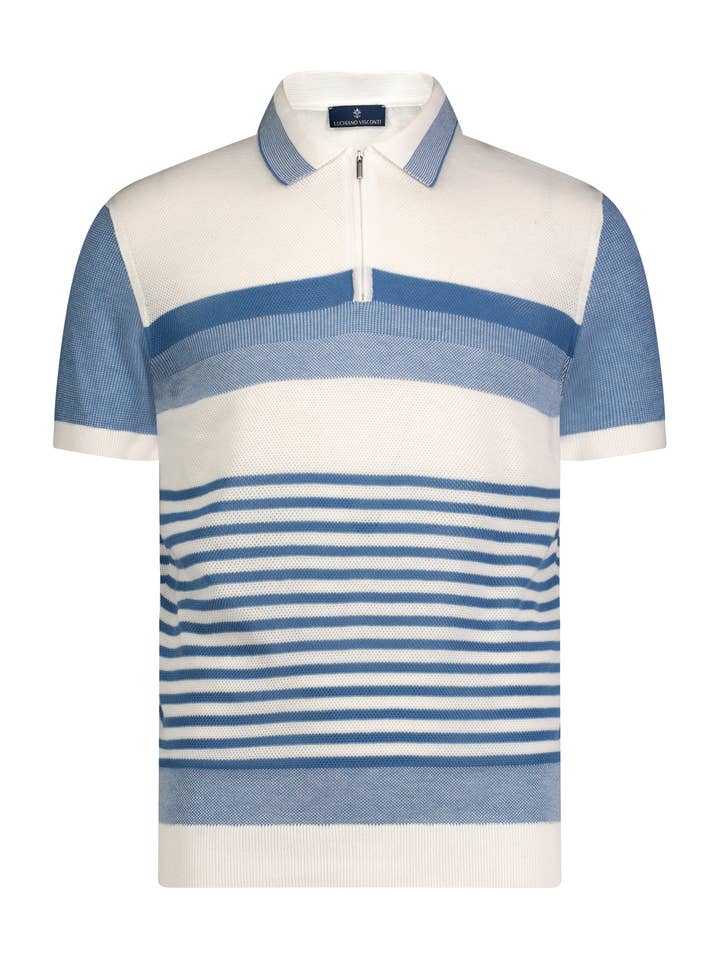 Weißes, kurzärmliges Strick-Poloshirt mit indigoblauen Streifen für den Großhandel von Luchiano Visconti