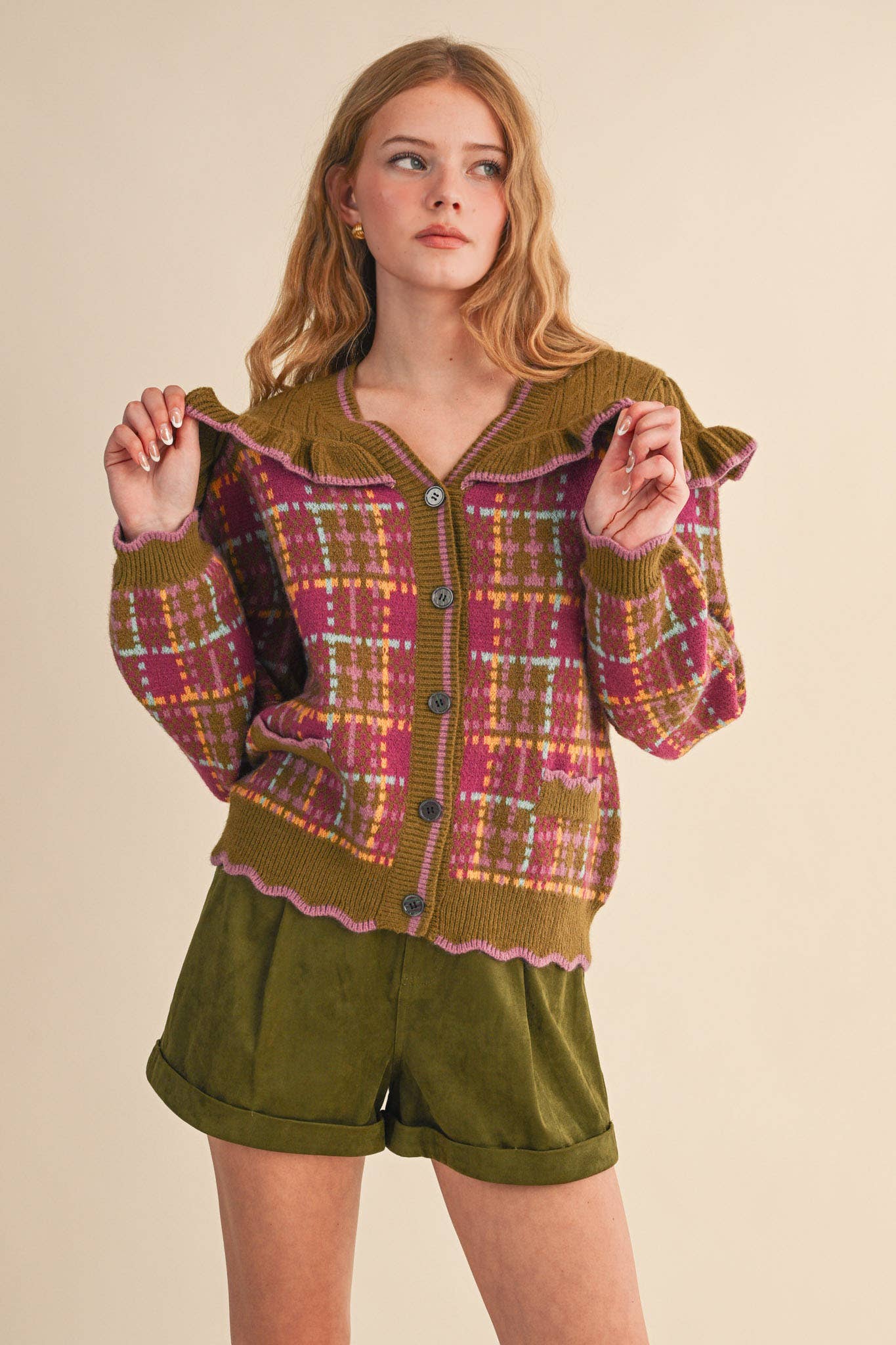 &MERCI - Wholesale Cardigan - Women's - RUFFLED YOKE PLAID SWEATER CARDIGAN MSW1118532