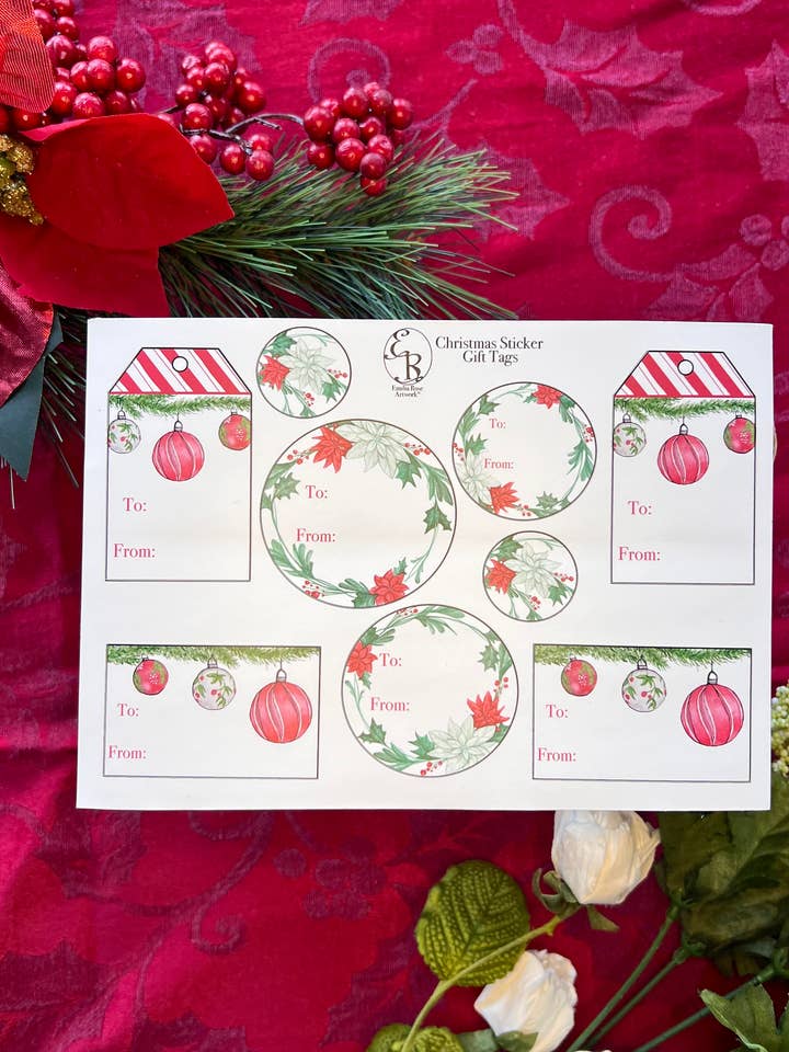 Watercolor Christmas Ornaments Gift Tag Sticker Sheet for wholesale by Emilia Rose Artwork LLC