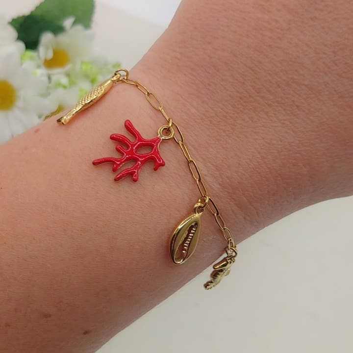 CORALINE - Rustfrit stål - Kædearmbånd med koralcharms og marinecharms for engroshandel hos Daemon srls