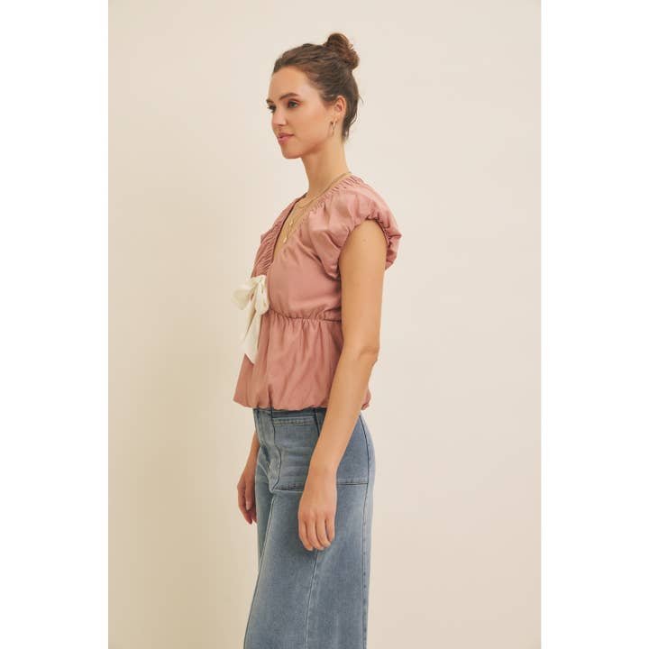 in february - Wholesale Blouse - Women's - SEASONLESS FEMININE CRINKLE BLOUSE WITH CONTRAST BOW TIE2