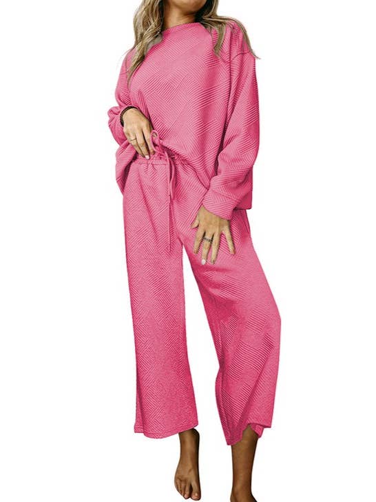 Rosa Clothing - Wholesale Lounge Set - Women's - Plain Textured Loose Slouchy Drawstring Lounge Set6