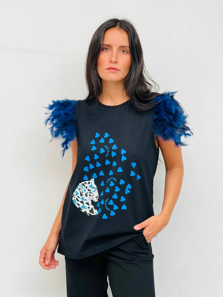 Negro Camiseta Plumas Tigre Corazones de venta al por mayor en Faire0