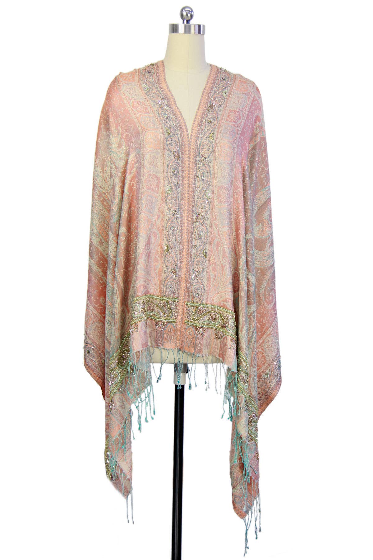 SAACHI - Wholesale Sjaal - Dames - Handgeborduurde Ikat wol en zijden sjaal met lange franje7