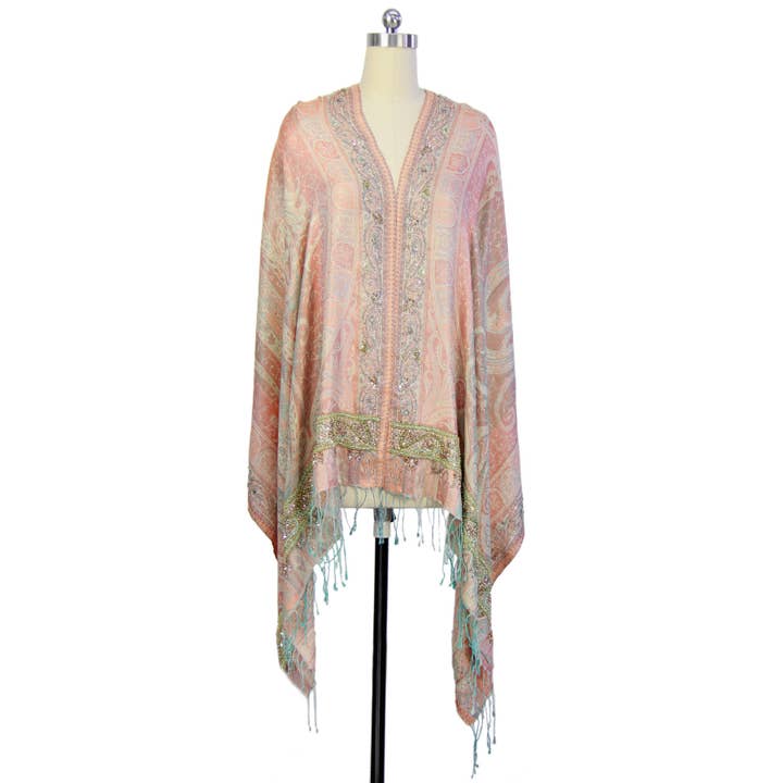 SAACHI - Wholesale Sjaal - Dames - Handgeborduurde Ikat wol en zijden sjaal met lange franje7