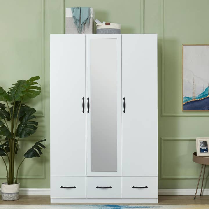 Livelylodge - Wholesale Bedroom Furniture - Wood 3 Door Armoire Wardrobe with Mirror White4