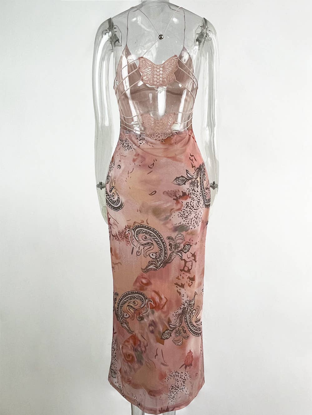 HIDDENBRAND - Wholesale Dress - Women's - Boho unique print sheer Mesh Butterfly Back Maxi Dress2