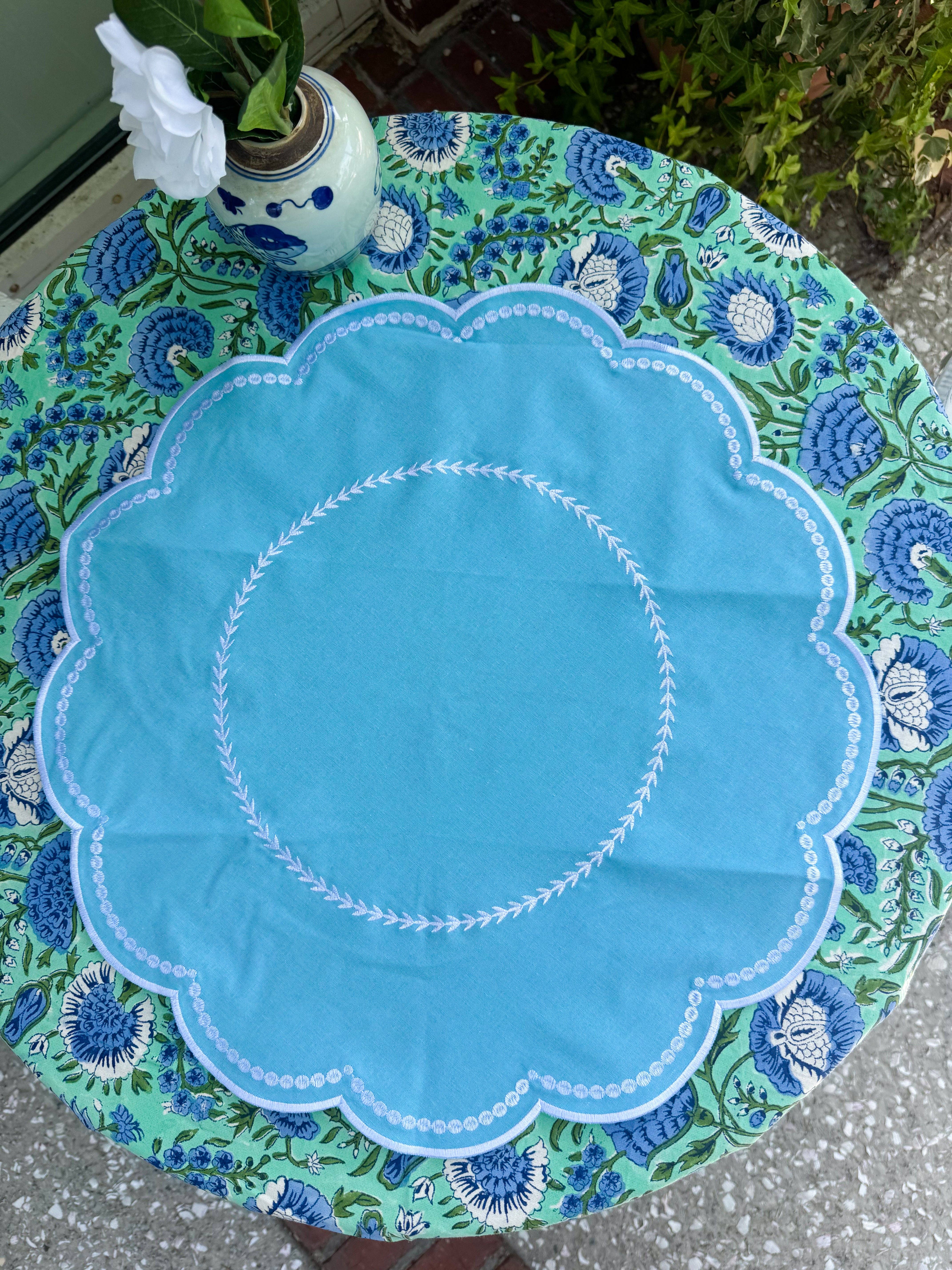 Verdigris Collection - Wholesale Placemat - Embroidered Placemats / Napkins- Set of 2- Aqua & White1